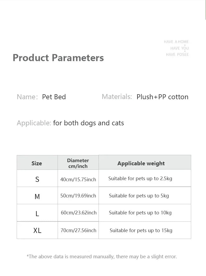 Plysch Husdjurssäng - Rund Varm Katt & Hundbädd 40-70cm