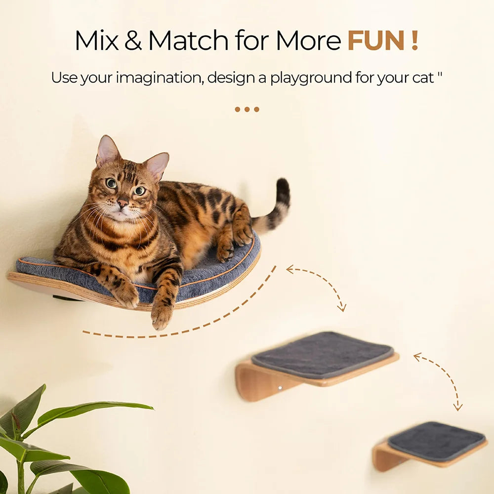 Väggmonterad Katthylla - Kliv & Viloplats i Trä med Kuddar